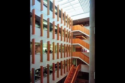 The atrium's acoustic baffles help deaden the noise in the space. 